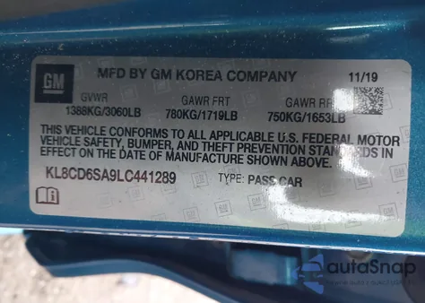 2020 Chevrolet Spark Fwd 1Lt Automatic z USA, uszkodzony, nr VIN KL8CD6SA9LC441289